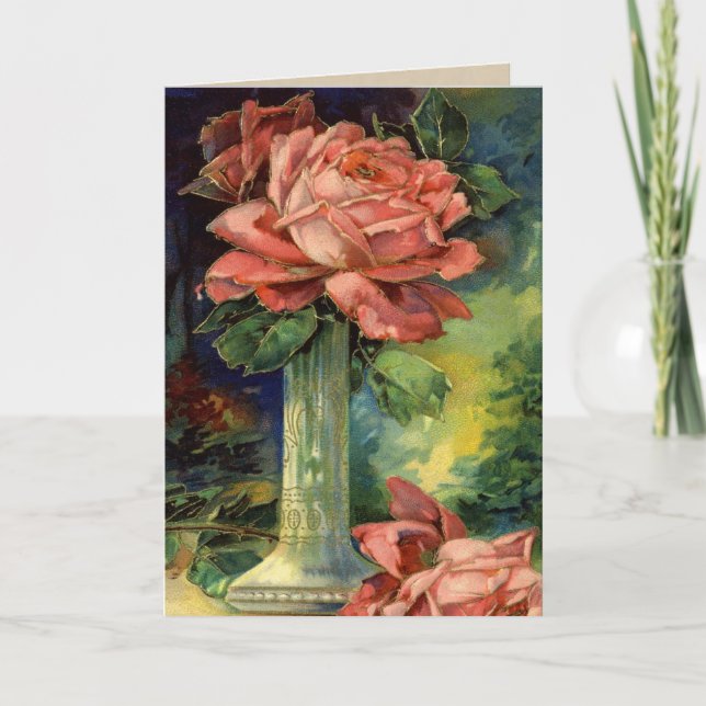 Pink Rose Vintage Valentine Holiday Card (Front)