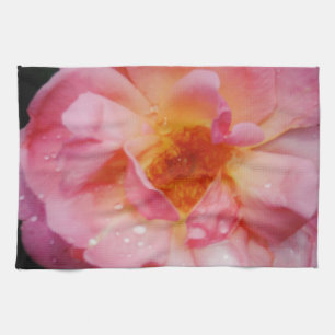 Pink Rose w/ Dew Drops Black Background Kitchen Towel