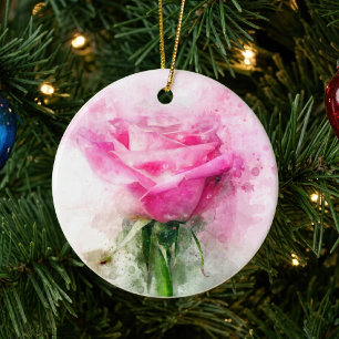 Pink Rose Watercolor Art on White Background Ceramic Ornament