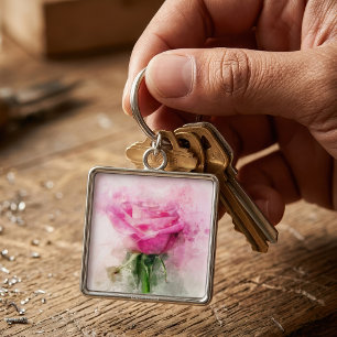 Pink Rose Watercolor Art on White Background Keychain