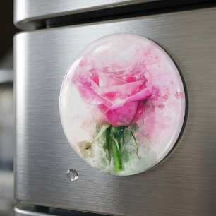 Pink Rose Watercolor Art on White Background Magnet