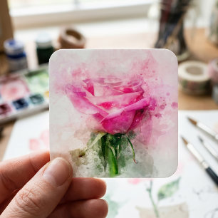 Pink Rose Watercolor Art on White Background Square Sticker