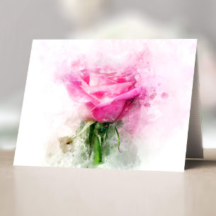Pink Rose Watercolor Art on White Background Thank You Card