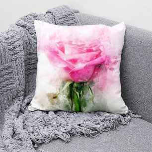 Pink Rose Watercolor Art on White Background Throw Pillow
