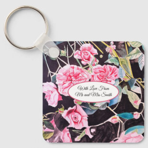 Pink Rose Watercolor Cabbage Vintage Wedding Keychain