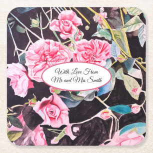 Pink Rose Watercolor Cabbage Vintage Wedding Square Paper Coaster