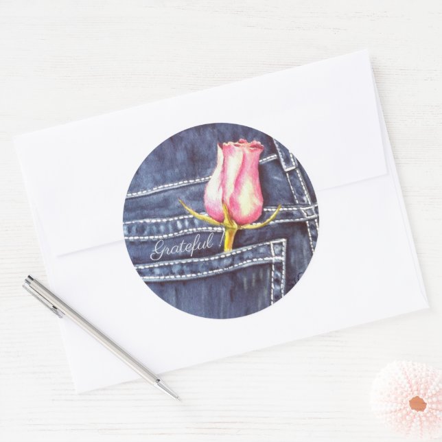 Pink Rose Watercolor Floral Classic Round Sticker (Envelope)