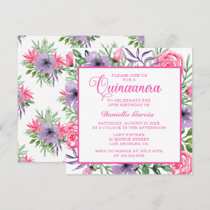 Pink Rose Watercolor Floral Modern Quinceañera Invitation
