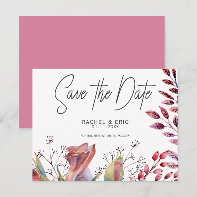 Pink Rose Watercolor Floral Save the Date Card (Front/Back)