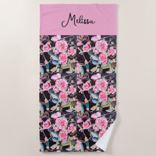 Pink Rose Watercolor Flowers Floral Painting Beach Towel