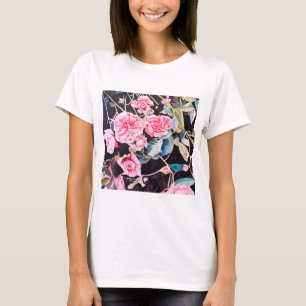 Pink Rose Watercolor Flowers Floral Painting T-Shirt