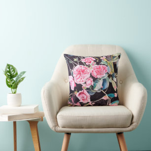 Pink Rose Watercolor Flowers Floral Painting Throw Pillow