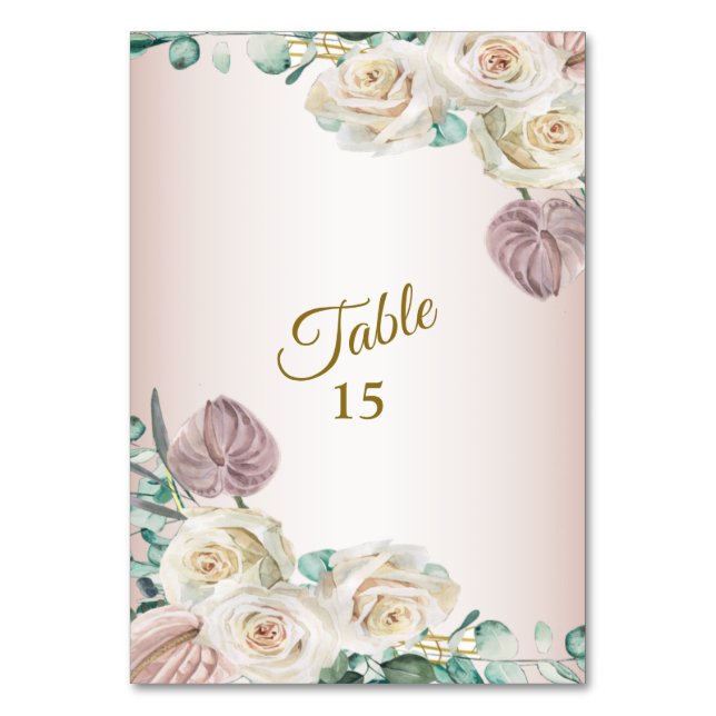 Pink Rose Watercolor Greenery Golden Dusty Party Table Number (Front)