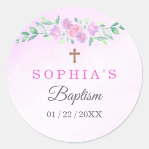 Pink Rose Watercolor Ombre Cross Baptism Classic Round Sticker