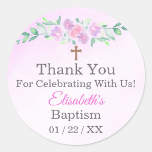 Pink Rose Watercolor Ombre Cross Baptism Favour Classic Round Sticker
