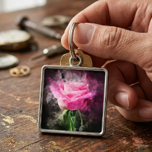 Pink Rose Watercolor on Black Background Keychain