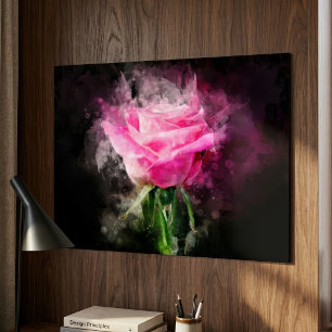 Pink Rose Watercolor on Black Background Poster