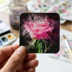 Pink Rose Watercolor on Black Background Square Sticker
