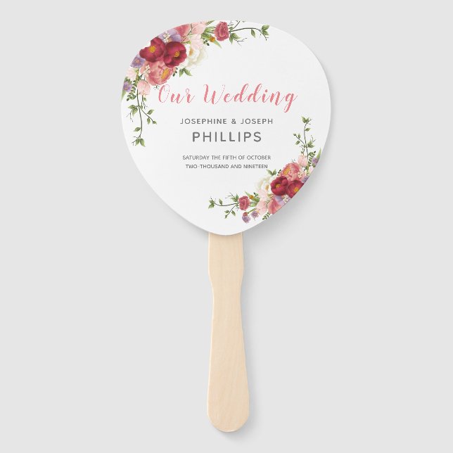 Pink & Rose Watercolor Peonies Just Married Hand Fan (Front)