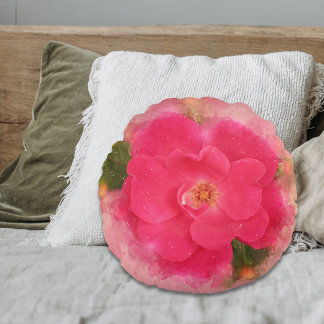 Pink Rose Watercolor Photo Round Pillow