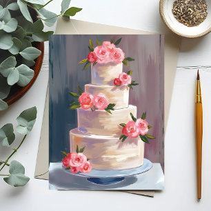 Pink Rose Wedding Cake   Watercolor Wedding Postcard