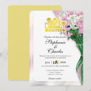 Pink Rose Wedding Invitation - Gold Lettering 4