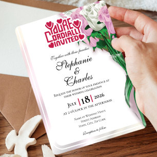 Pink Rose Wedding Invitation - Red Lettering 4