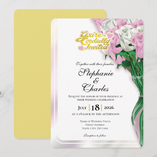 Pink Rose Wedding Invite - Gold Letters 1 (Front/Back)