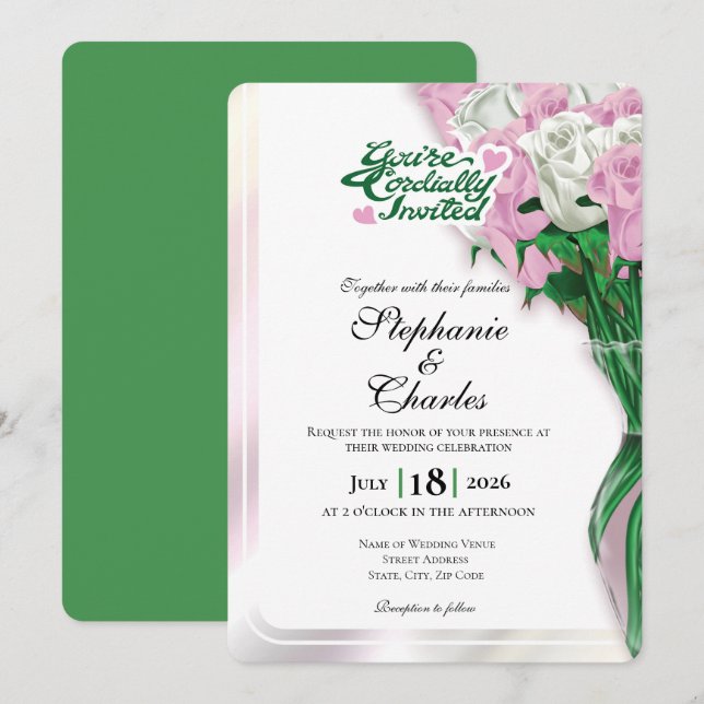 Pink Rose Wedding Invite - Green Letters 2 (Front/Back)