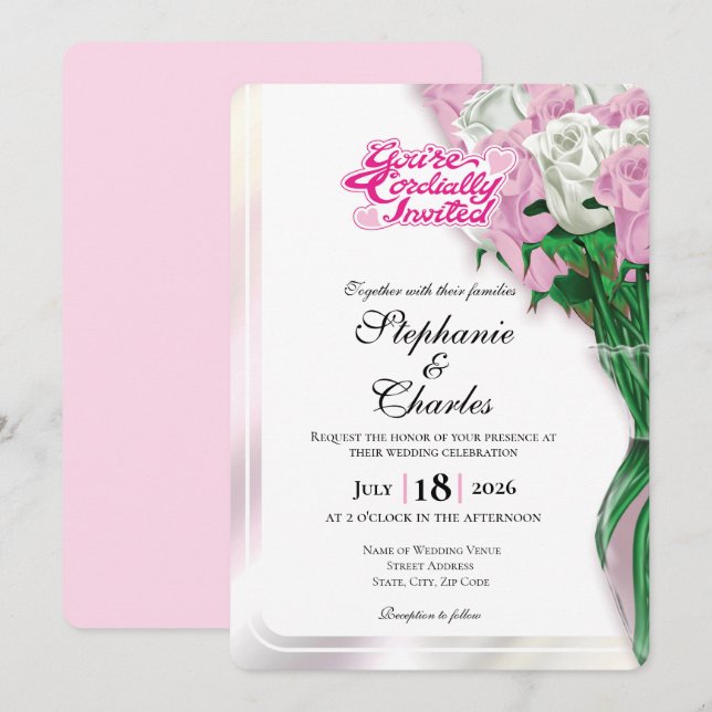 Pink Rose Wedding Invite - Pink Letters 1 (Front/Back)