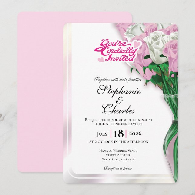 Pink Rose Wedding Invite - Pink Letters 2 (Front/Back)