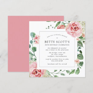 Pink Rose White Hydrangea 80th Birthday Party Invitation