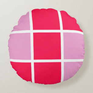 Pink rose white lines squares geometric abstract round pillow