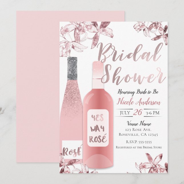 Pink Rosè Wine & Orchid Flowers Bridal Shower Invitation (Front/Back)