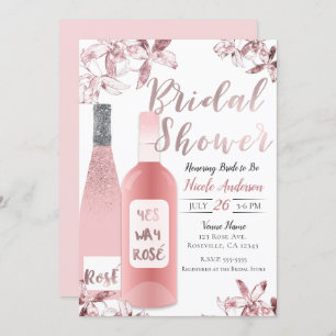 Pink Rosè Wine & Orchid Flowers Bridal Shower Invitation