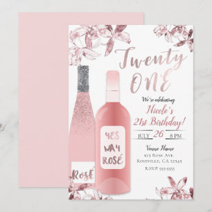 Pink Rosè Wine & Orchid Flowers Twenty One 21st 21 Invitation