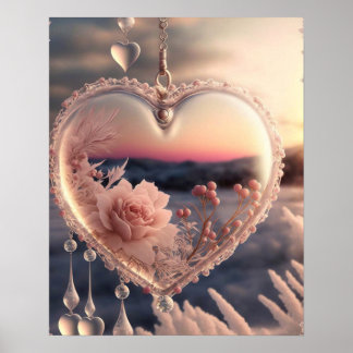 Pink Rose Winter Scene Glass Heart Poster