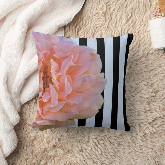 Pink Rose With Black & Blue Vertical Stripes 2 Throw Pillow (Blanket)
