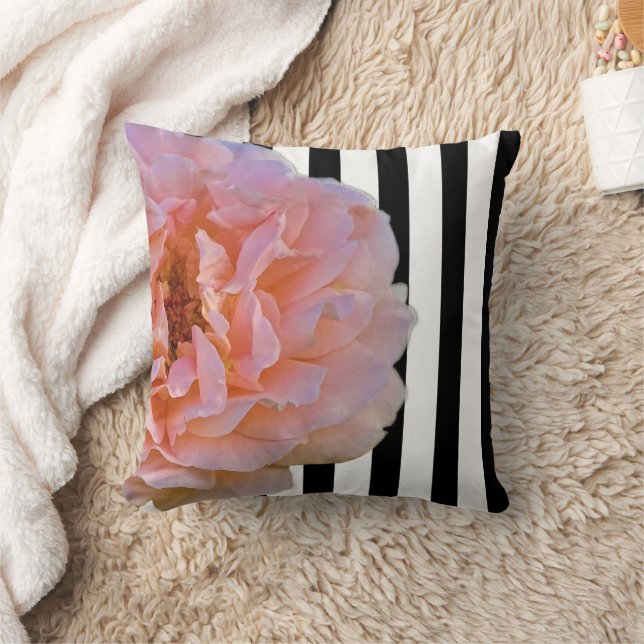 Pink Rose With Black & White Vertical Stripes 2 Throw Pillow (Blanket)