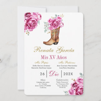 Pink rose with boot Quinceañera Invitation