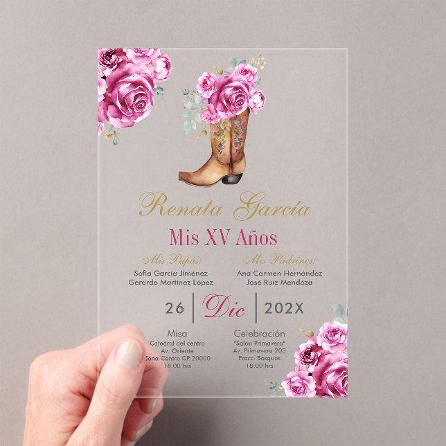 Pink rose with boot Quinceañera Invitation (Insitu (Handheld))