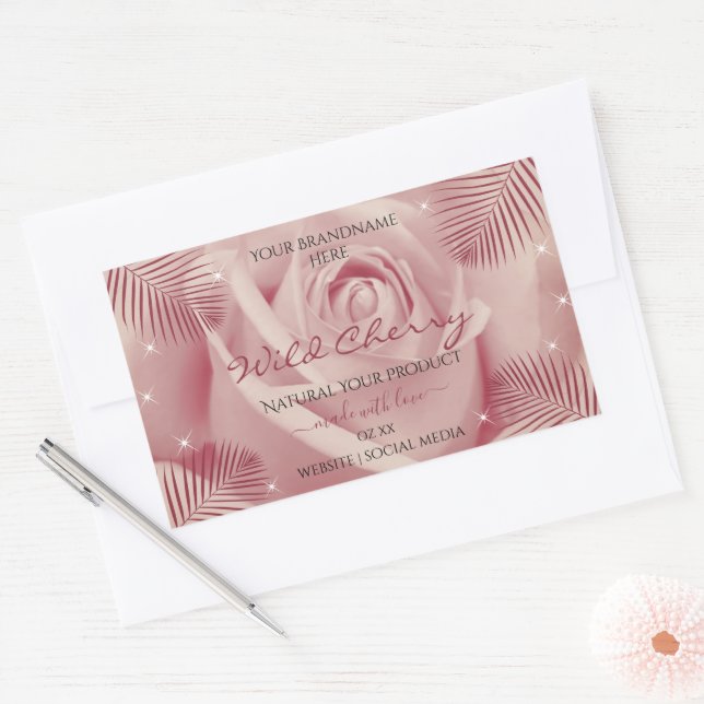 Pink Rose with Burgundy Palm Leaves Product Labels (Envelope)
