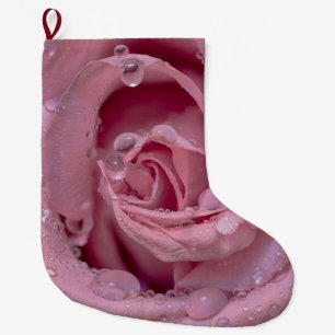 Pink Rose with Dewdrops Large Christmas Stocking