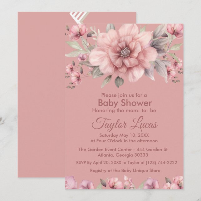 Pink Rose with Greenery Baby Shower Invitation (Front/Back)