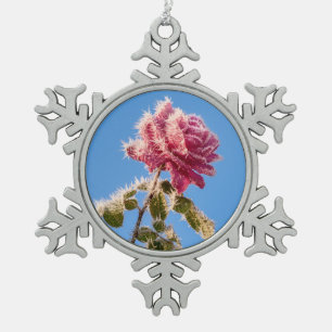 Pink Rose with Icy Frost in a Cold Winter Nature - Snowflake Pewter Christmas Ornament