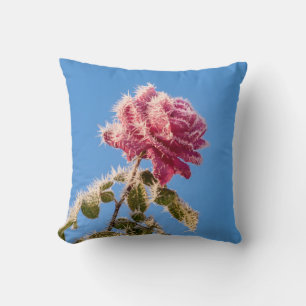 Pink Rose with Icy Frost in a Cold Winter Nature - Throw Pillow