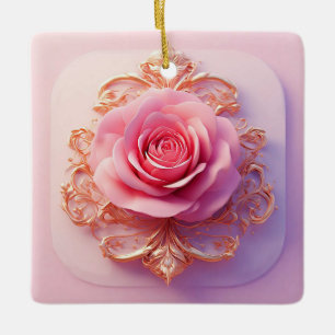 Pink Rose With Intricate Gold Ornamental Details Ceramic Ornament