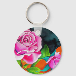 Pink Rose with orange watercolor art Keychain