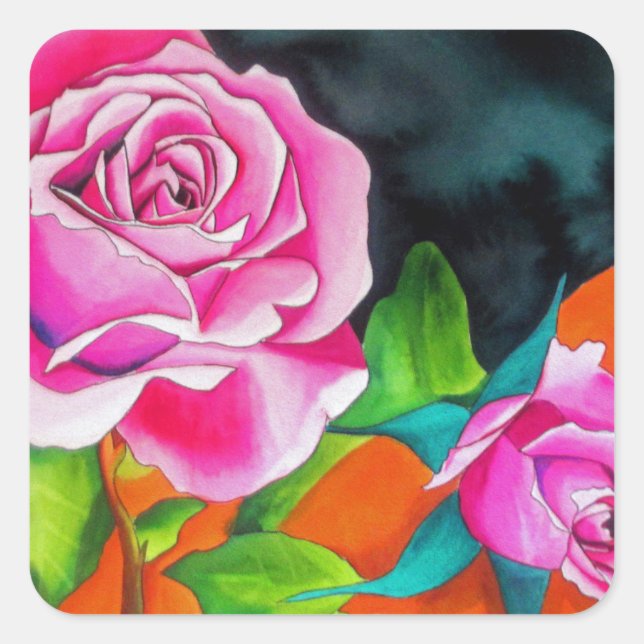 Pink Rose with orange watercolor art Square Sticker (Front)