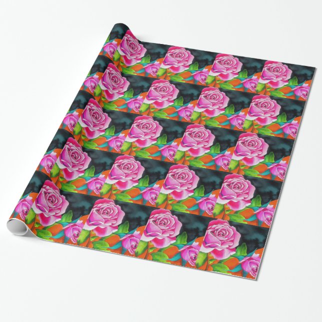 Pink Rose with orange watercolor art Wrapping Paper (Unrolled)